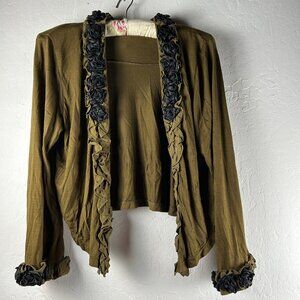 Cordelia Womens Cropped Cardigan Sweater Ruffle Trim Open Front Size Large Green